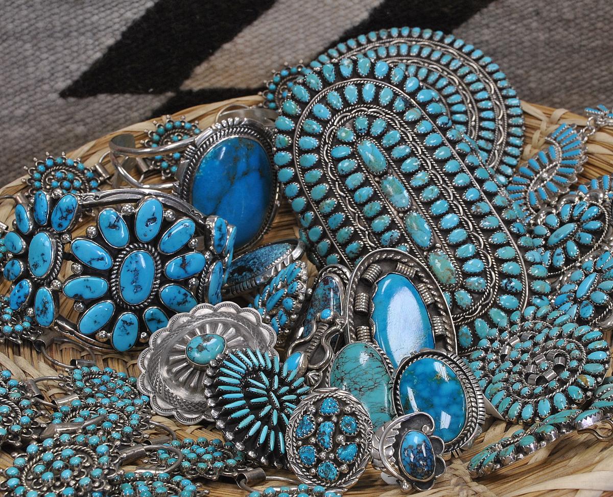 Basket of detailed Turquoise jewelry