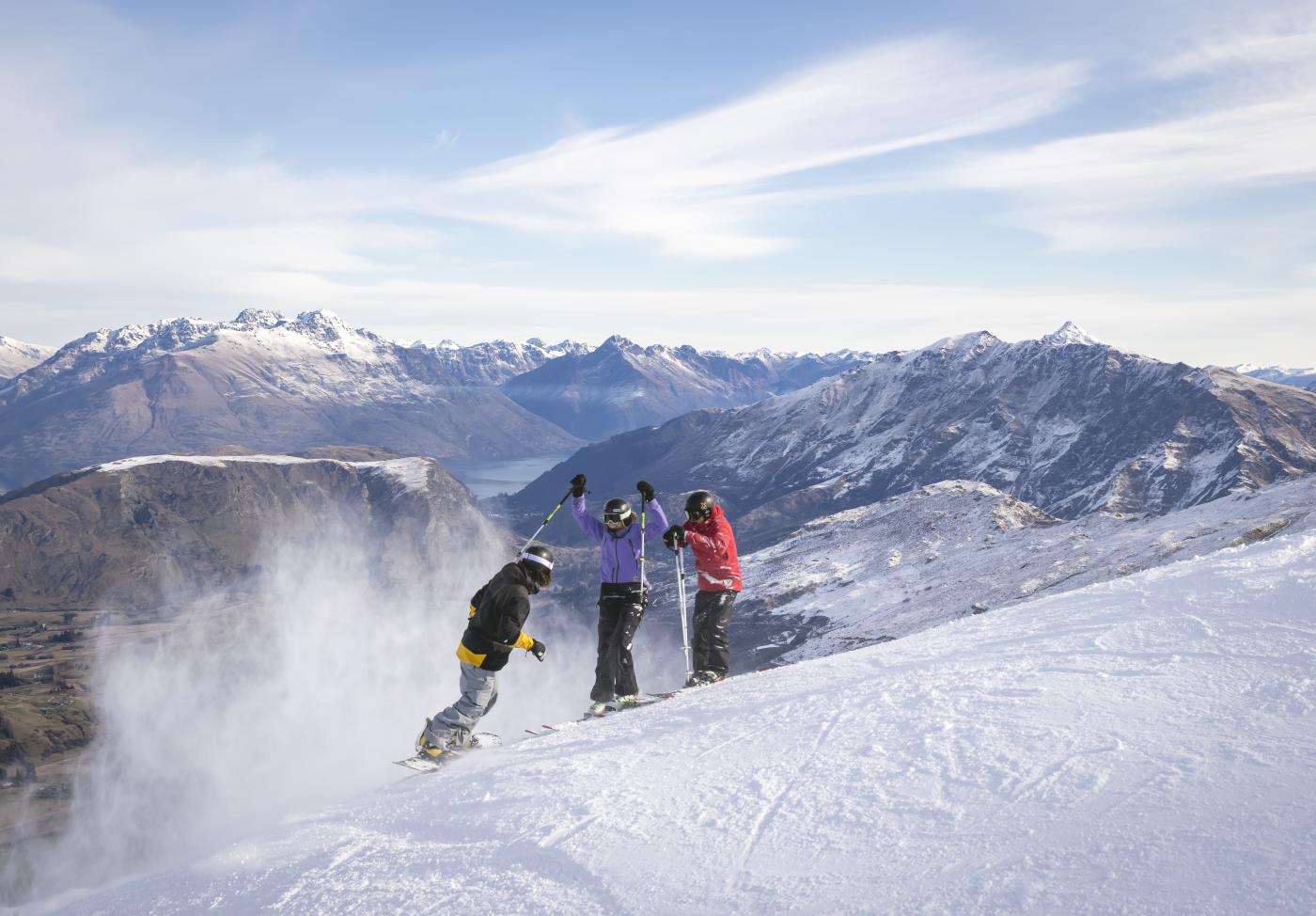 Three Friends Skiing Coronet Peak