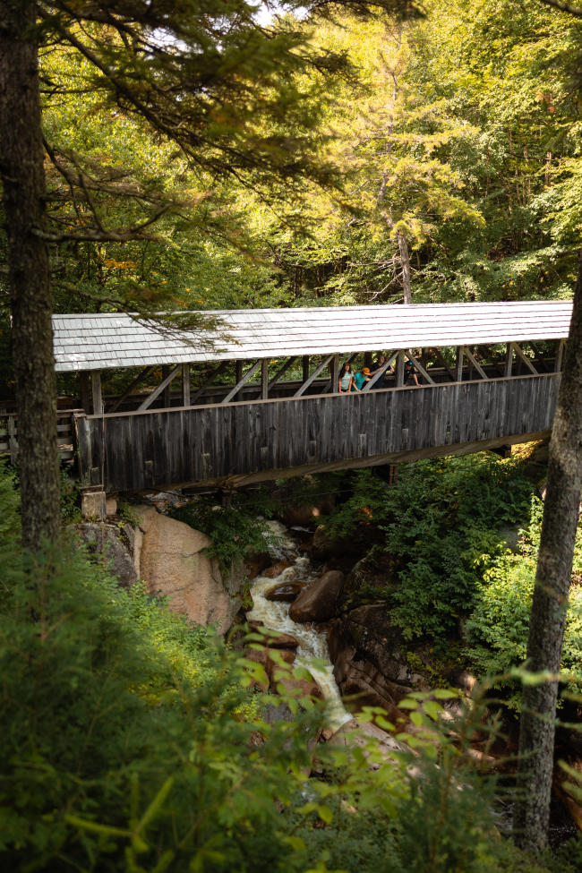 Flume Gorge - Four People Crossing Covered Bridge in the Woods