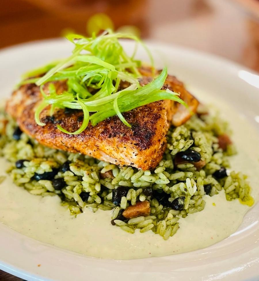 Blackened Grouper on top of Cilantro Chorizo Rice topped with a green garnish