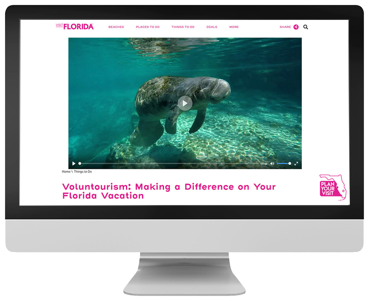 Visit Florida Things to Do Voluntourism landing page with video featuring a manatee