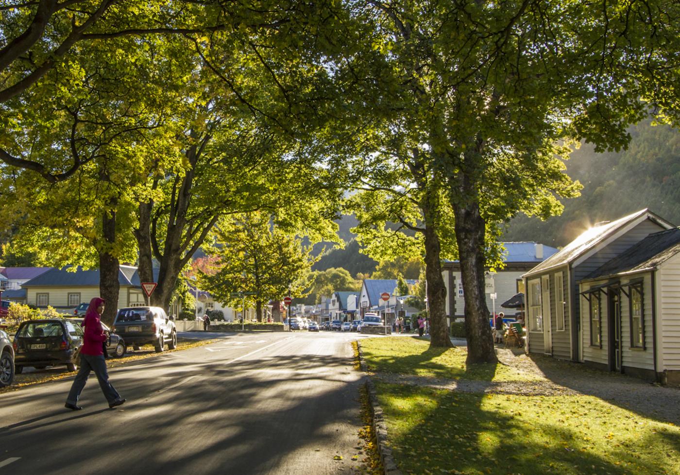 Arrowtown historic miners' cottages and avenue of trees