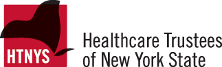Heathercare Trustees of New York State HTNYS logo in red and black with outline of New York State