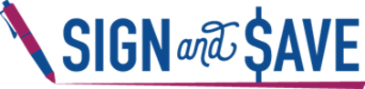 Blue and purple logo with a pen graphic that says Sign and Save