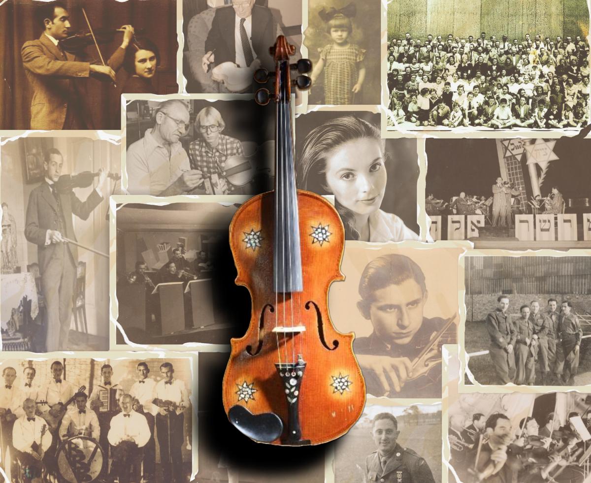 A violin from the Violins of Hope collection overlaid on a collage of sepia-toned photographs of Jewish musicians, families, and communities from before and after the Holocaust, symbolizing the history and legacy of the instruments.