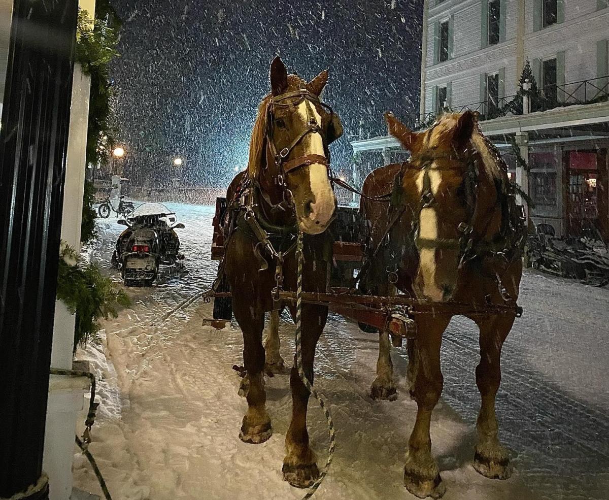 Horses pull a dray on a snowy Mackinac Island street at night