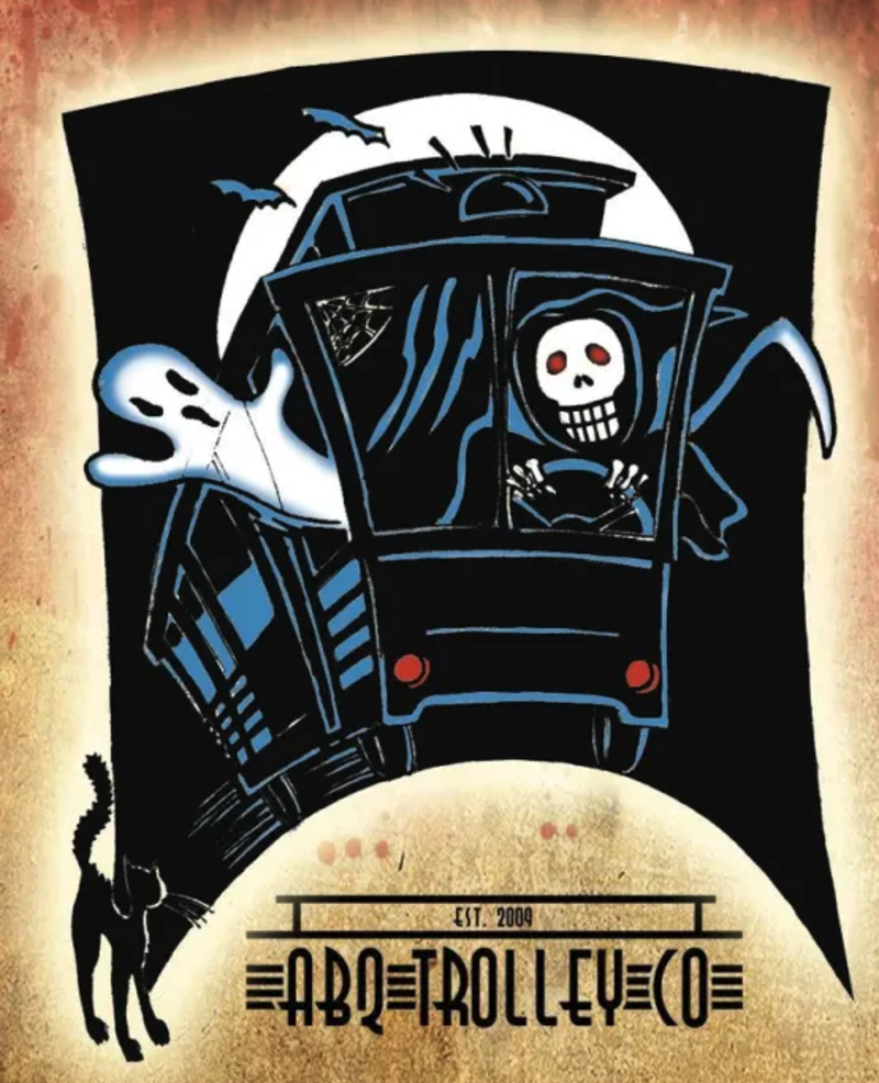 A spooky graphic advertising the ABQ Trolley Co.