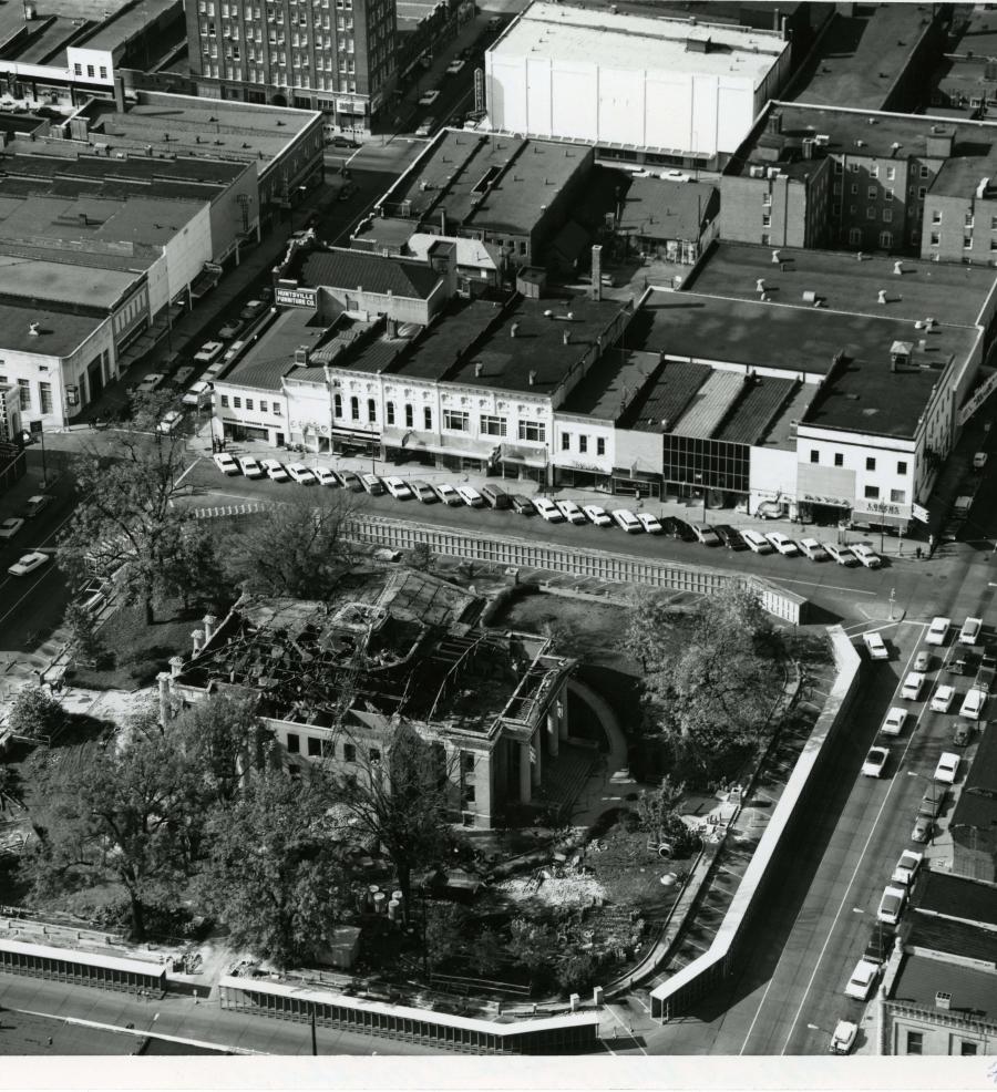 An overhead image from 1964 showing the Demolition of the 3rd Courthouse.
