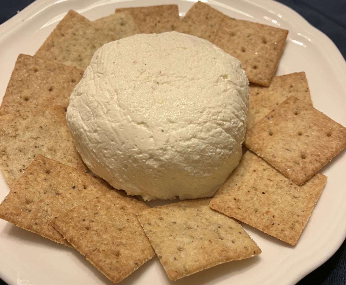 Plate of crackers and homemade probiotic cheese
