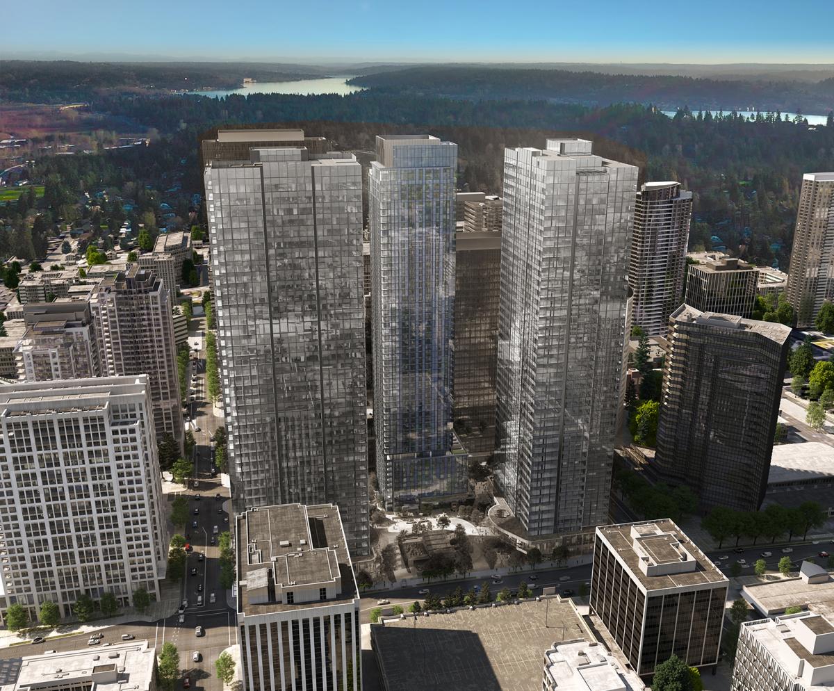 Sunlight reflects off the towering glass of Cloudvue 10855 in downtown Bellevue.