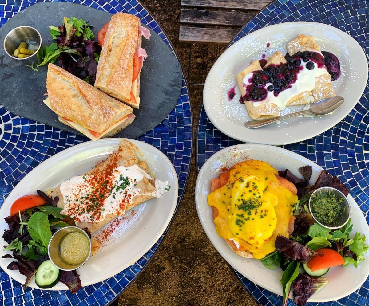 An overhead view of brunch plates at Blue Dahlia in San Marcos, Texas