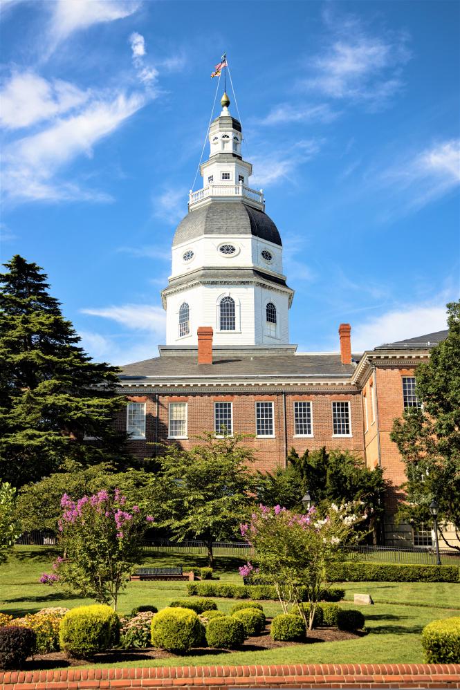 A view of the Maryland State House behind a garden