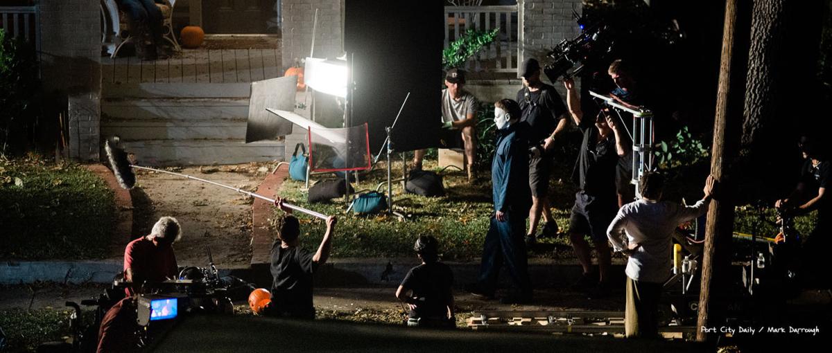 A film crew shoots at night on the streets on Wilmington, NC