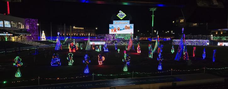 A view of Deck the Diamond holiday lights at Day Air Ballpark