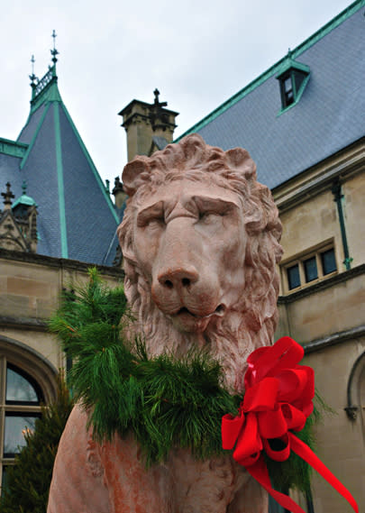 Christmas Garland on a Lion in front of Biltmore in Asheville