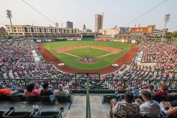 Crowd and skyline view at a TinCaps Baseball Game at Parkview Field in Fort Wayne, Indiana