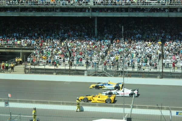 2014 Indianapolis 500 - From bottom to top, #3 Helio Castroneves, #77 Simon Pagenaud, and #25 Marco Andretti.