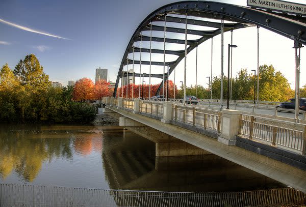 Martin Luther King Jr. Bridge with fall leaves in Fort Wayne