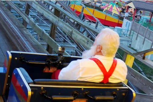 Santa riding The Voyage at Holiday World