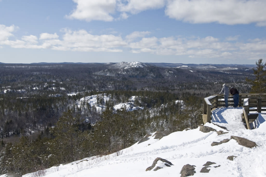 View of rugged winter terrain near Marquette Michigan including Hogback Mountain part of the Escanaba River State Forest in Michigan's Upper Peninsula.