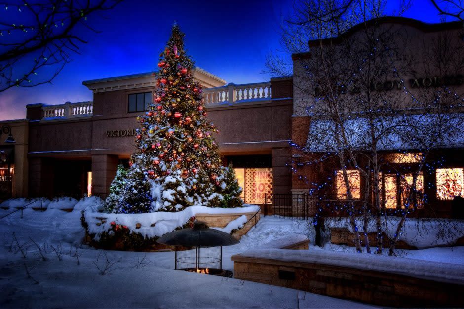 Christmas tree at night in the Arbor Lakes Shopping District