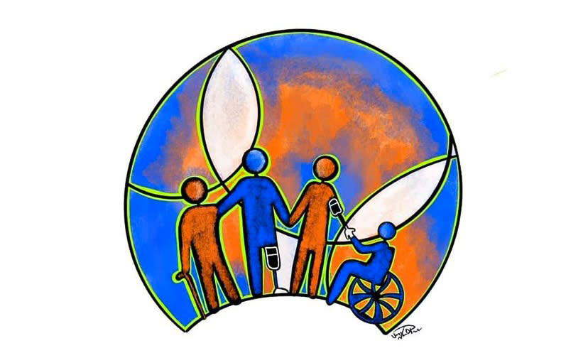 stylized persons of varying disabilities illustrated in blues and orange within circle