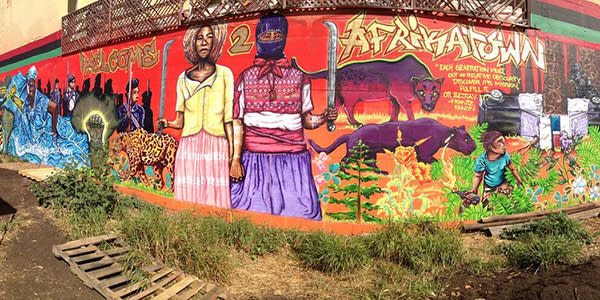 Welcome to Afrikatown mural in Oakland on San Pablo and Grand