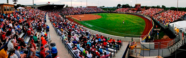 Image of the softball hall of fame stadium in the Adventure District of Oklahoma City.