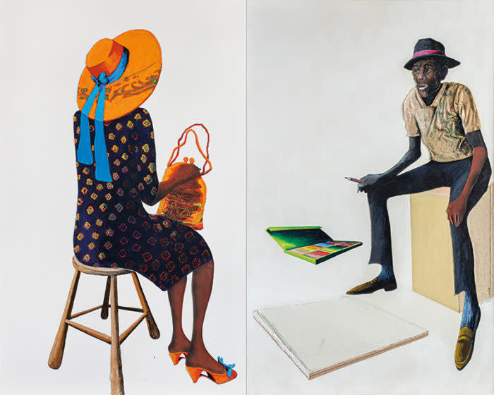 Benny Andrews 1930 2006 Portrait of the Portrait Painter 1987 oil and graphite on two canvas panels with painted fabric collage