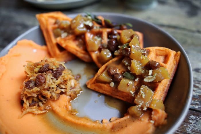 Sweet Potato Waffles with Golden Milk Asian Pear Chutney Photo credit Amanda Spencer
