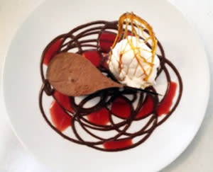 Chocolate-mousse with blood-orange coulis at Santacafé … the coulis counts as healthy fruit at my table!
