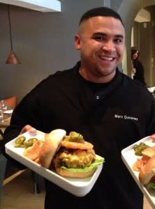 Look closely: Chef Marc Quiñones adds a little jalapeño challenge on the plate with his green chile cheeseburger.