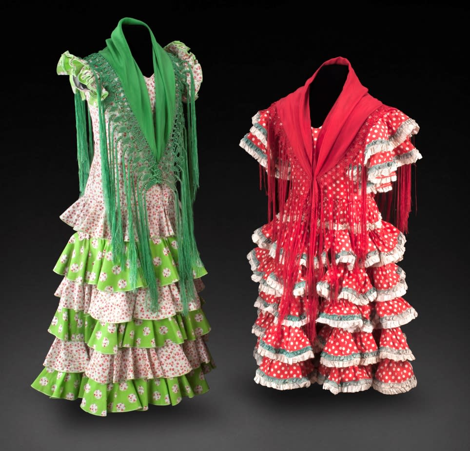 Child’s Feria Dress, Sevilla, Spain, 1990s (left) and Child’s Feria Dress, Sevilla, Spain, ca. 1960s (right). Left, Private collection. Right, Gift of Robin Martin, Museum of International Folk Art (A.2011.29.5). Photo by Blair Clark.