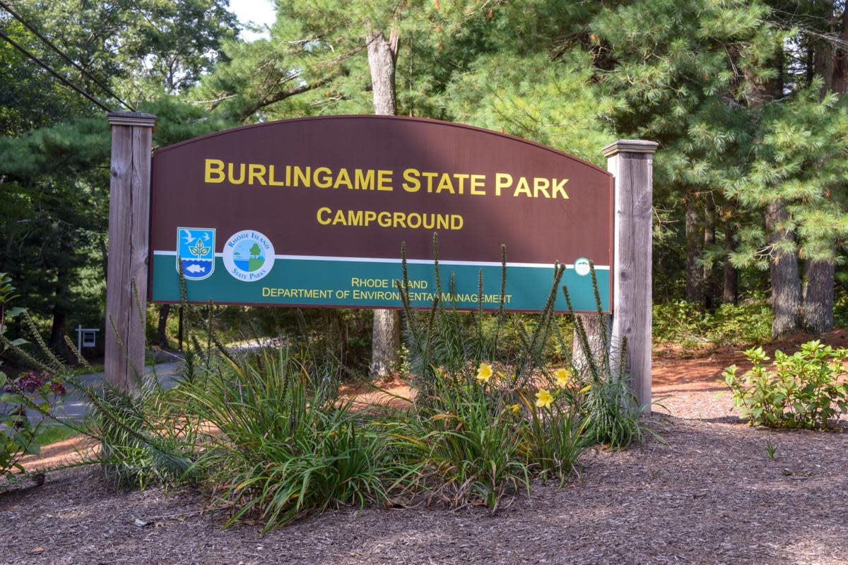The campground entrance sign at Burlingame State Park in Charlestown.