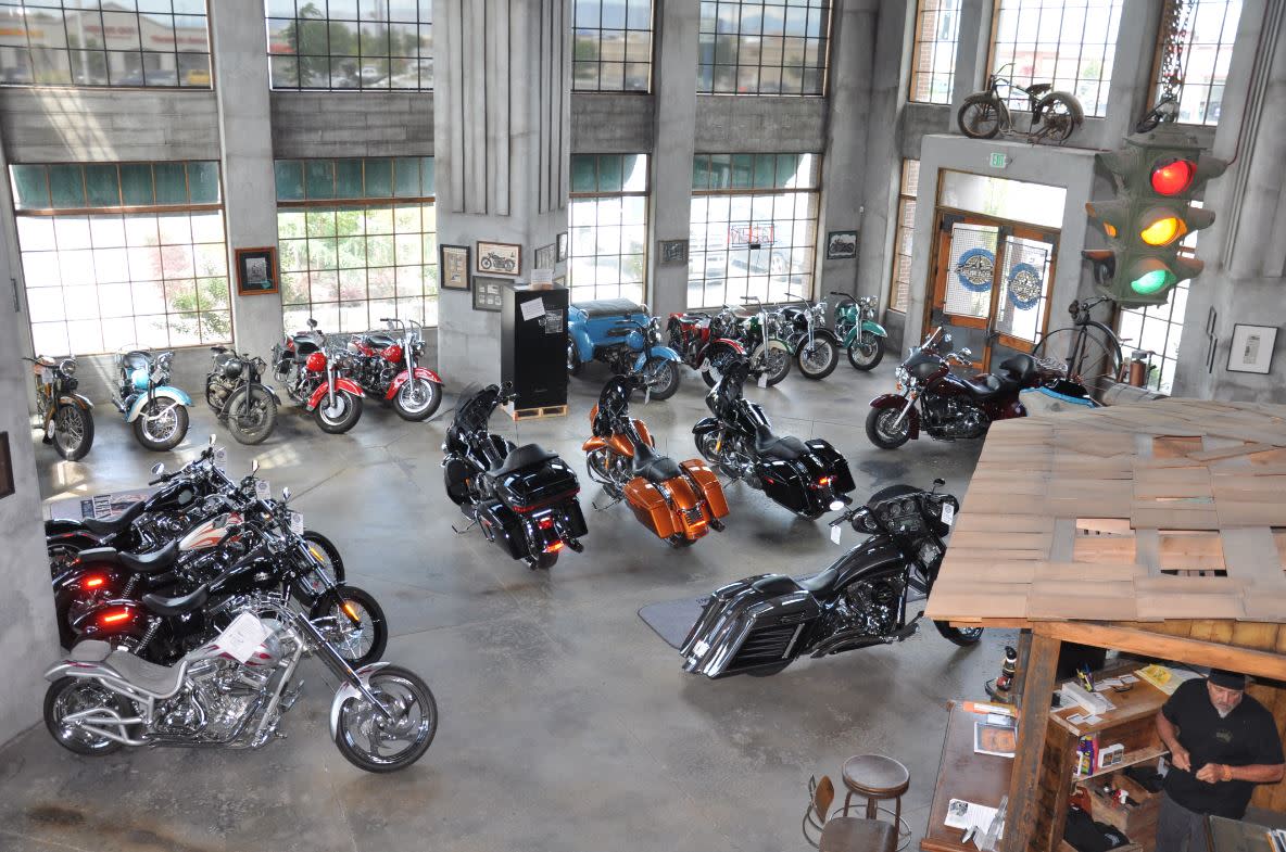 Vintage motorcycles on display in Legends Motorcycle Emporium