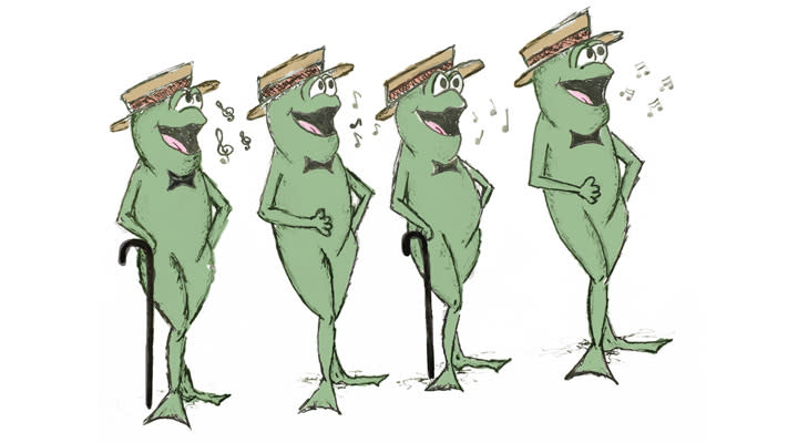 A quartet of animatronic bullfrogs, Herman's Kermits