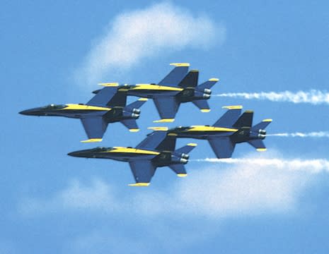 It's a bird... It's a plane... It's the Blue Angels practicing over the National Aviation Museum!