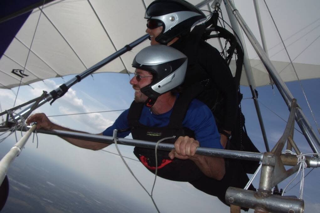 Tandem hang gliding is a once in a lifetime experience. This is me and my friend Jim over Groveland.
