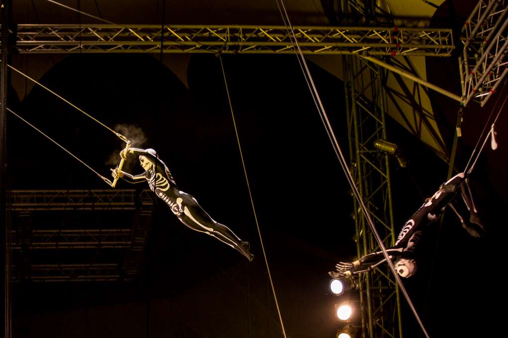 Flying skeletons? of course! It's the Florida State University Flying High Circus Halloween weekend performance. 