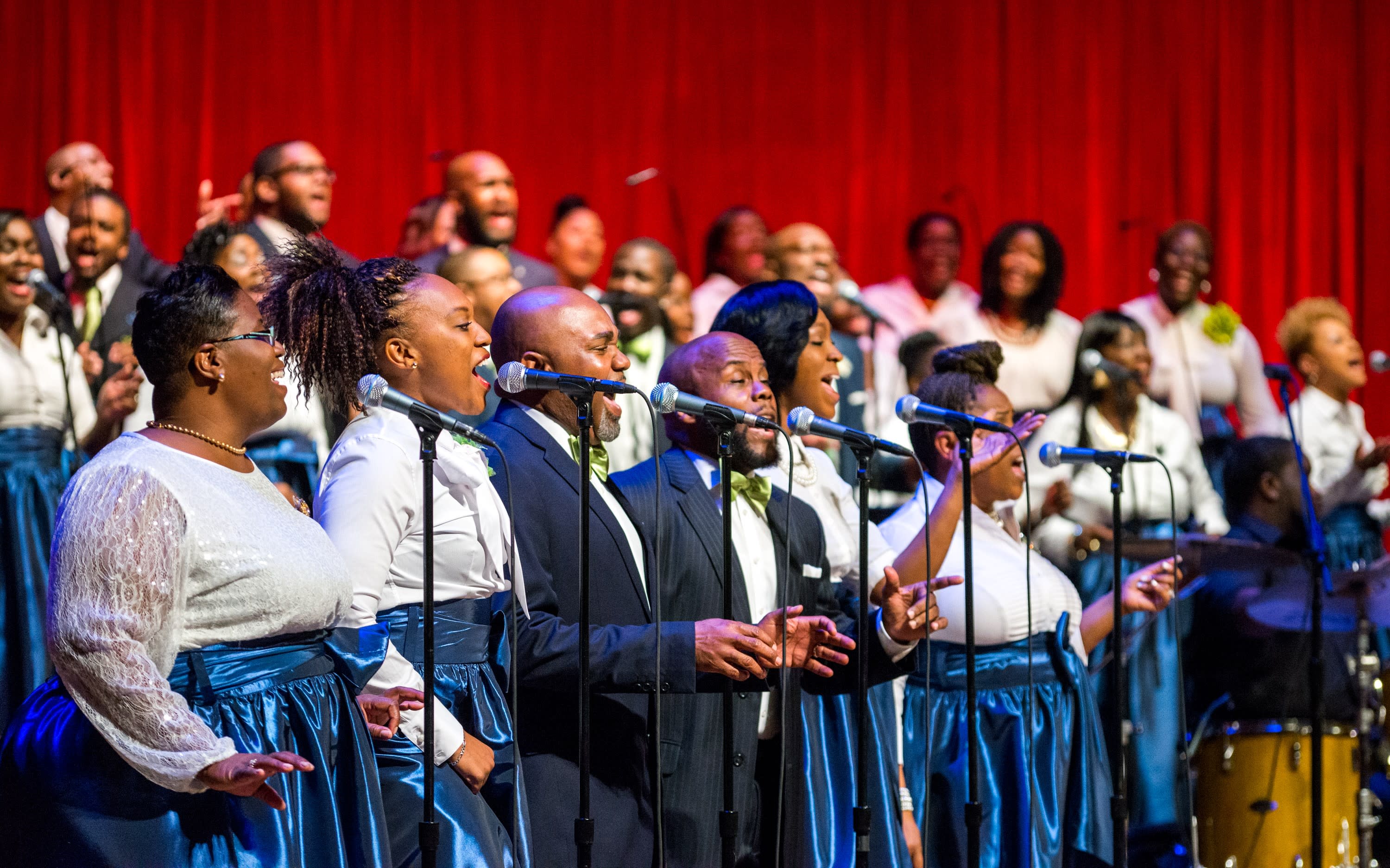The Miami Mass Choir performs, along with a national headliner and a local choir, as part of Free Gospel Sundays, held four times a year at the Adrienne Arsht Center in downtown Miami. 