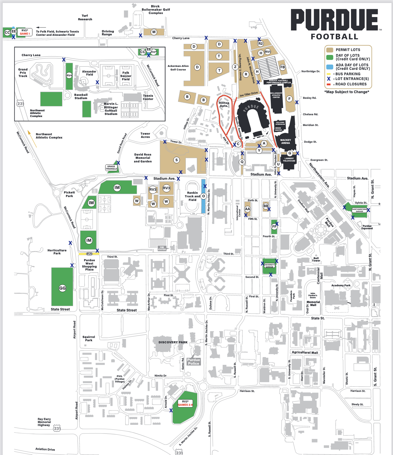 Purdue Parking Map Football Game