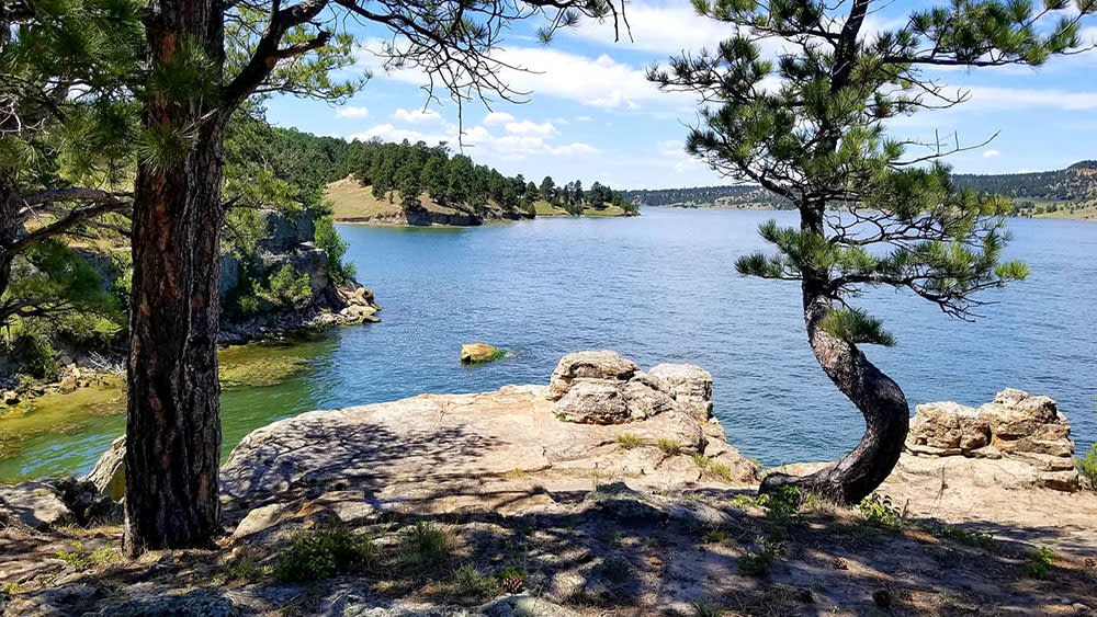 Trees and a beach area at Keyhole State park in Wyoming