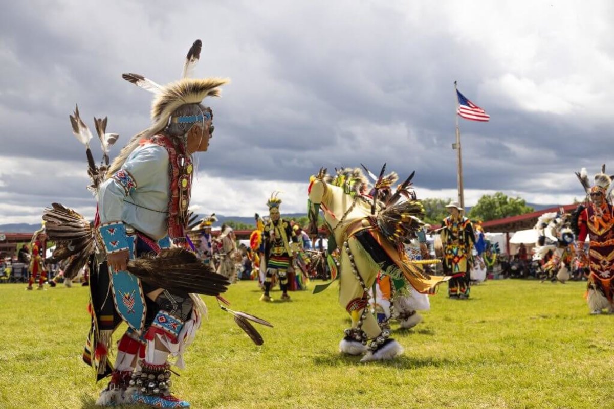 Tribe members perform during the Eastern Shoshone Indian Days Powwow on a beautiful summer day.