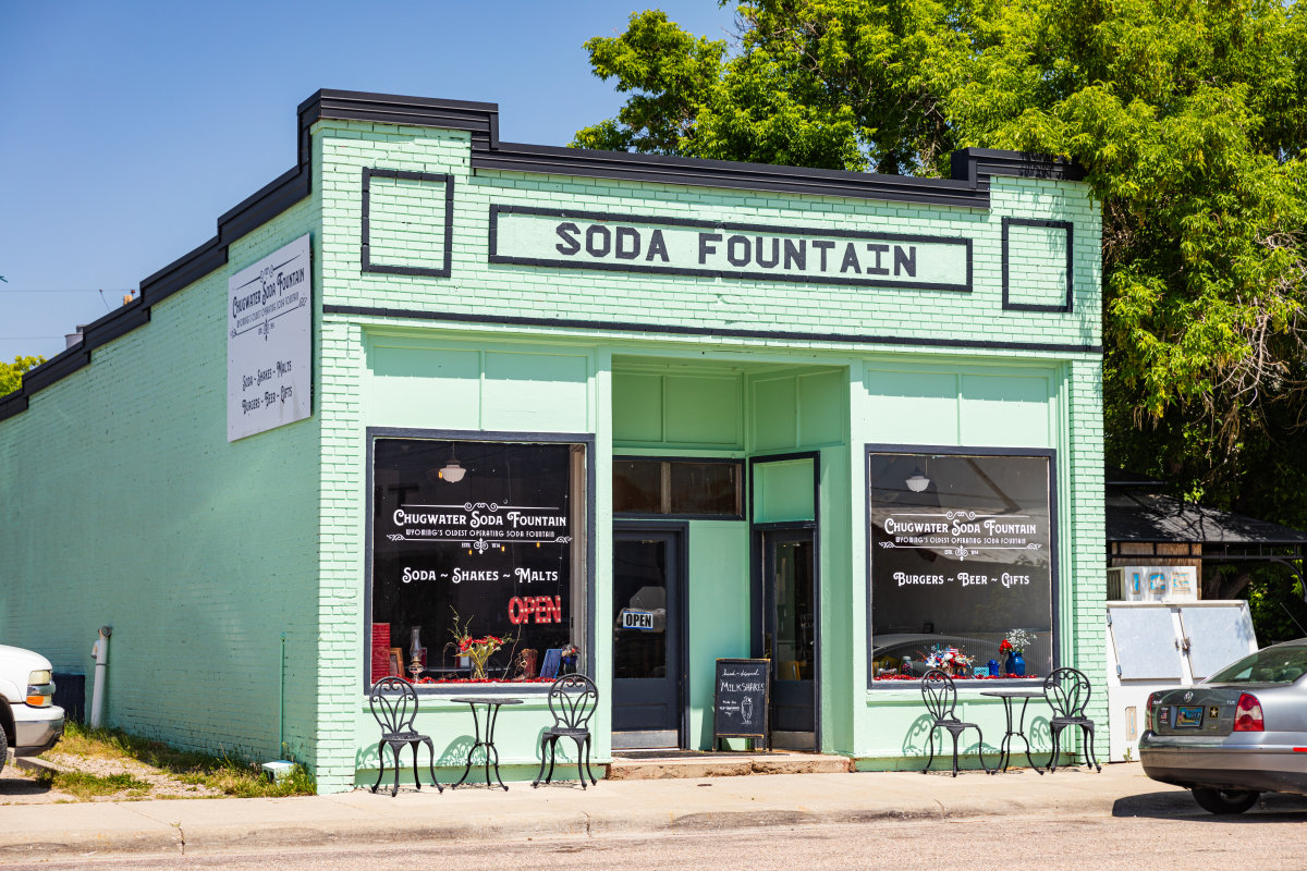 The standing building of the Chugwater Soda Fountain, a landmark in WY.