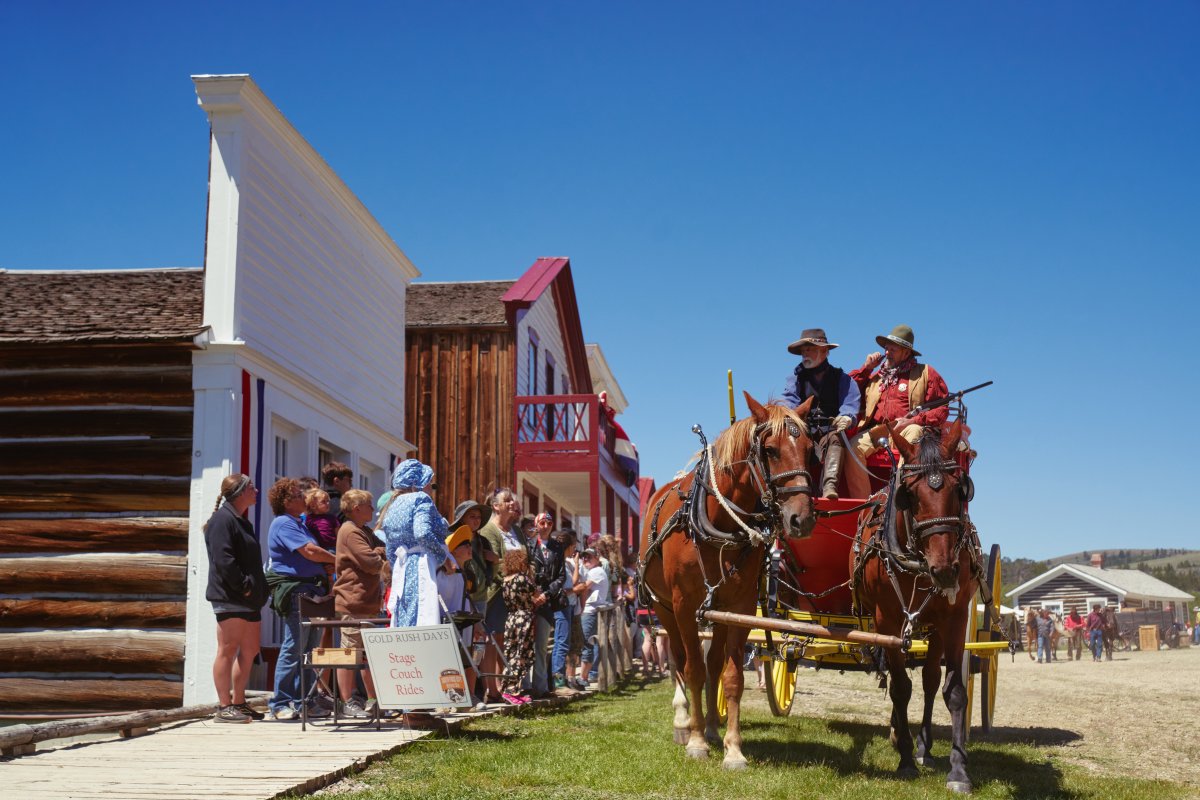 South Pass City crowd watching a carriage and horse ride past.