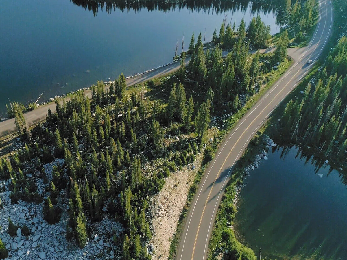 Aerial view of the Snowy Range Scenic Byway.