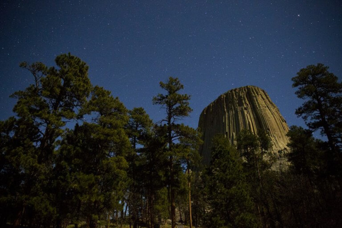 A starry night at Devils Tower in Wyoming, a unique place to visit.