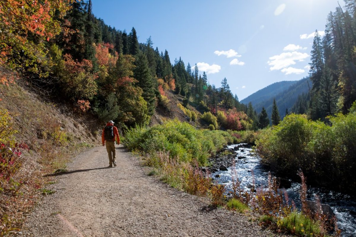 Hiker on a trail near a river with fall colors on the trees at the Star Valley Scenic Byway in Wyoming