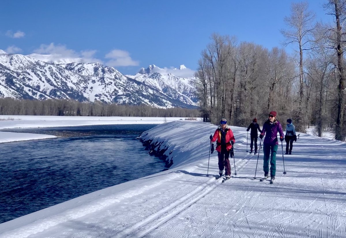 Cross-country skiers near a river.