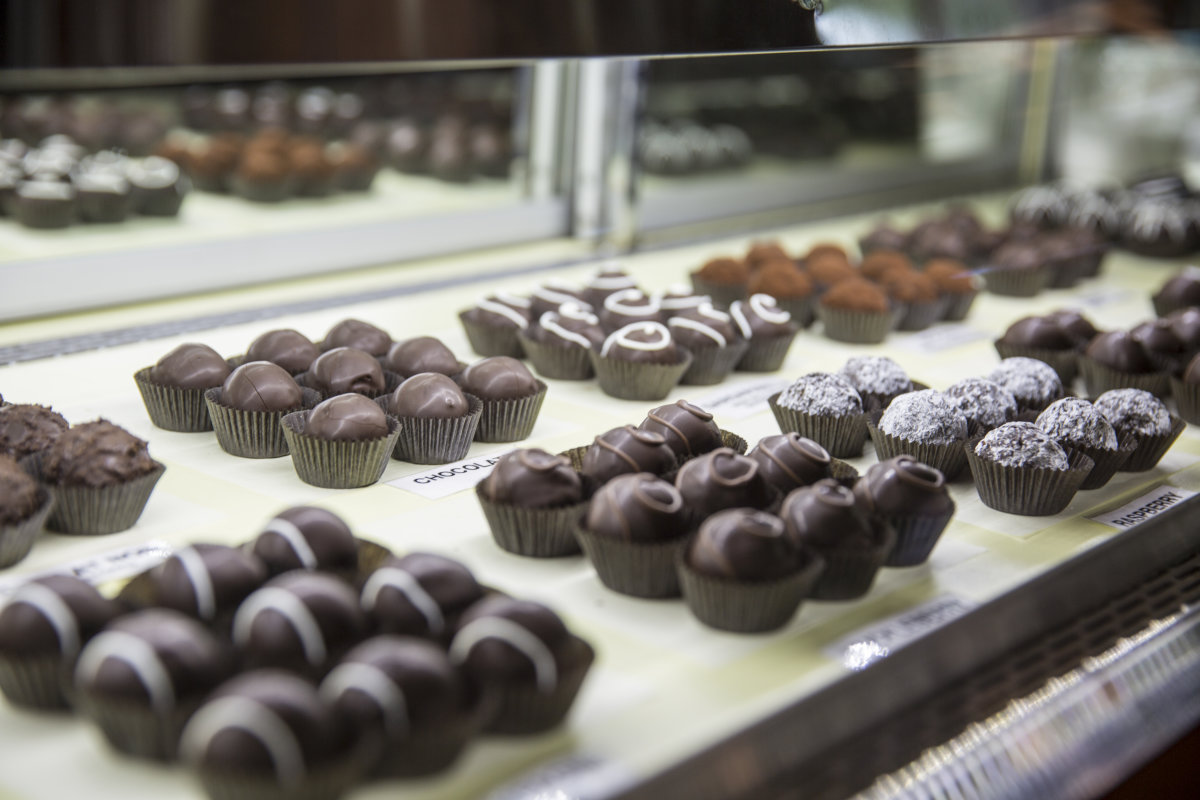 indulgent chocolate assortment on display at Meeteetse Chocolatier